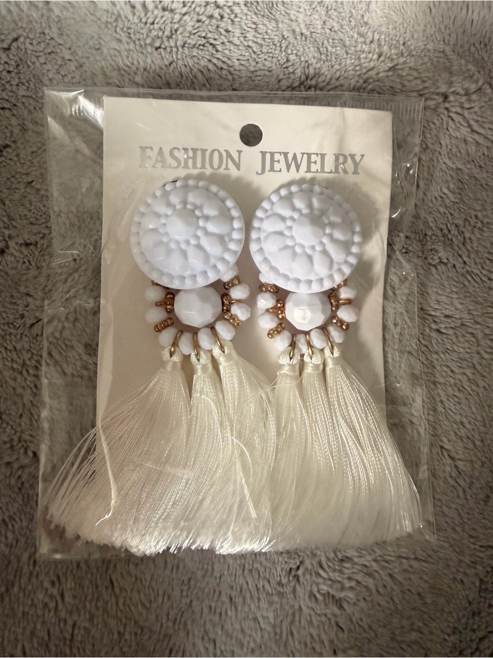 Fashion Jewelry White and Gold Tassel Drop Earrings